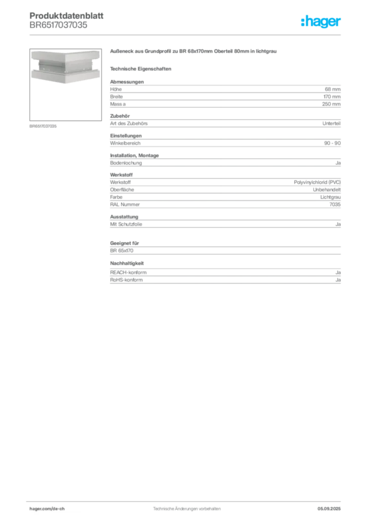 Bild Hager Produktdatenblatt BR6517037035 | Hager Schweiz