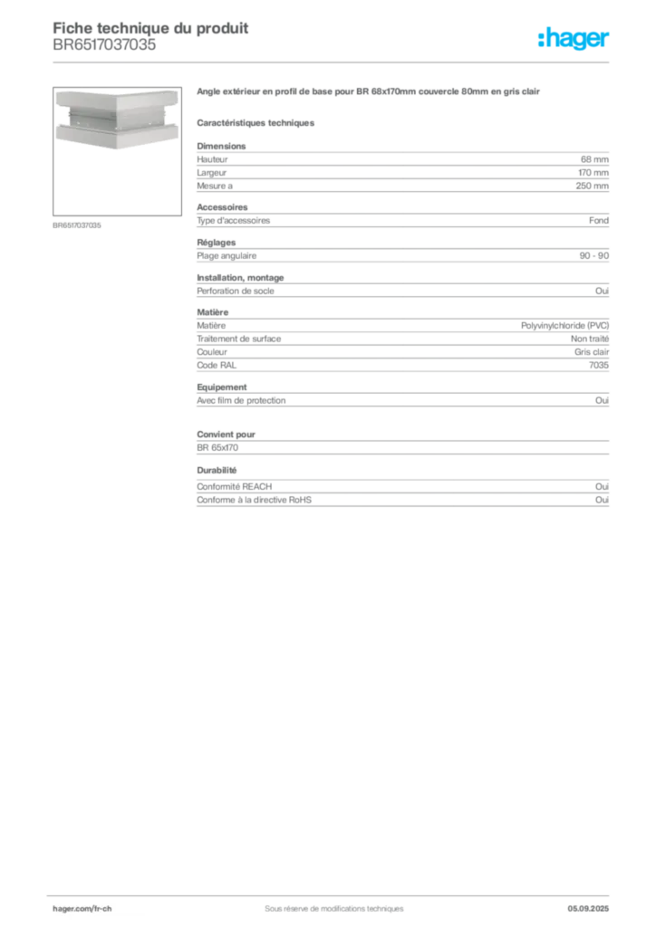 Image Hager Fiche technique du produit BR6517037035 | Hager Suisse