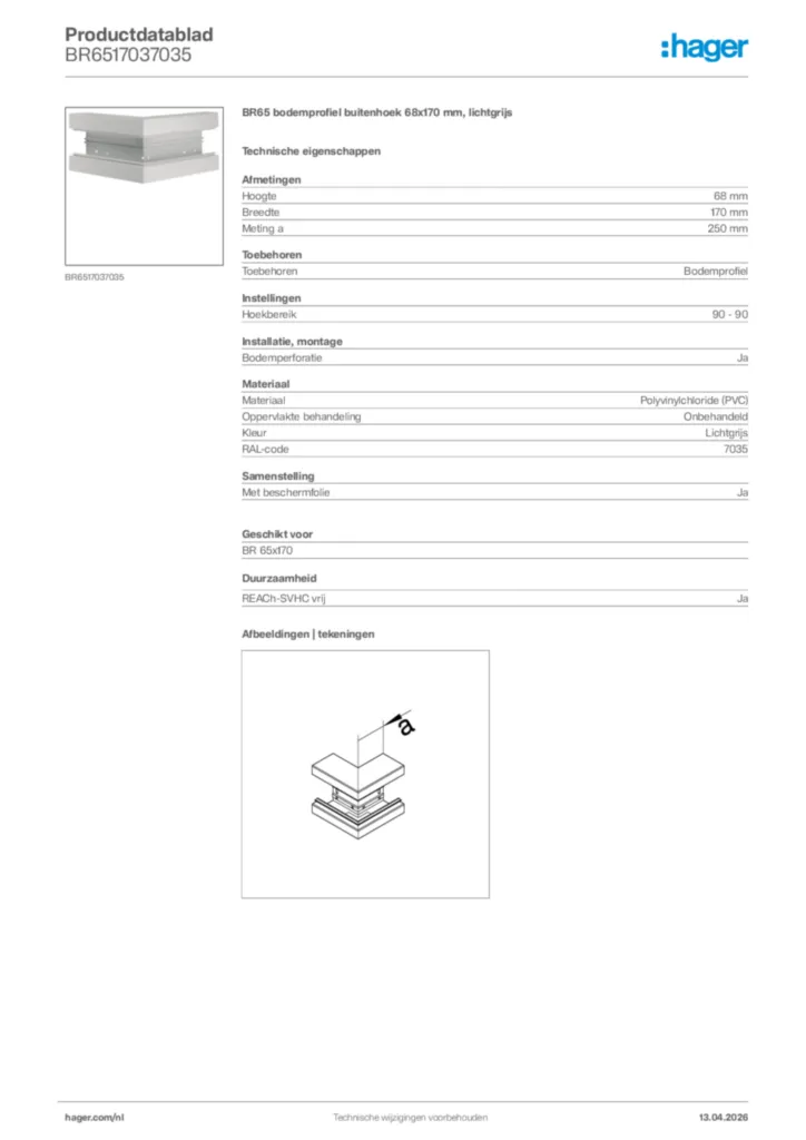 Afbeelding Hager Productdatablad BR6517037035 | Hager Nederland
