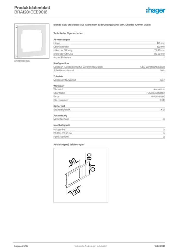 Bild Hager Produktdatenblatt BRA1201CEE9016 | Hager Deutschland