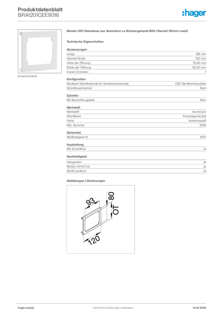 Bild Hager Produktdatenblatt BRA1201CEE9016 | Hager Deutschland