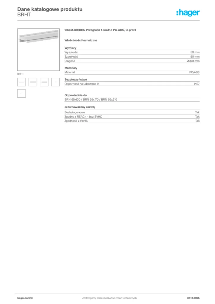 Zdjęcie Hager Dane katalogowe produktu BRHT | Hager Polska