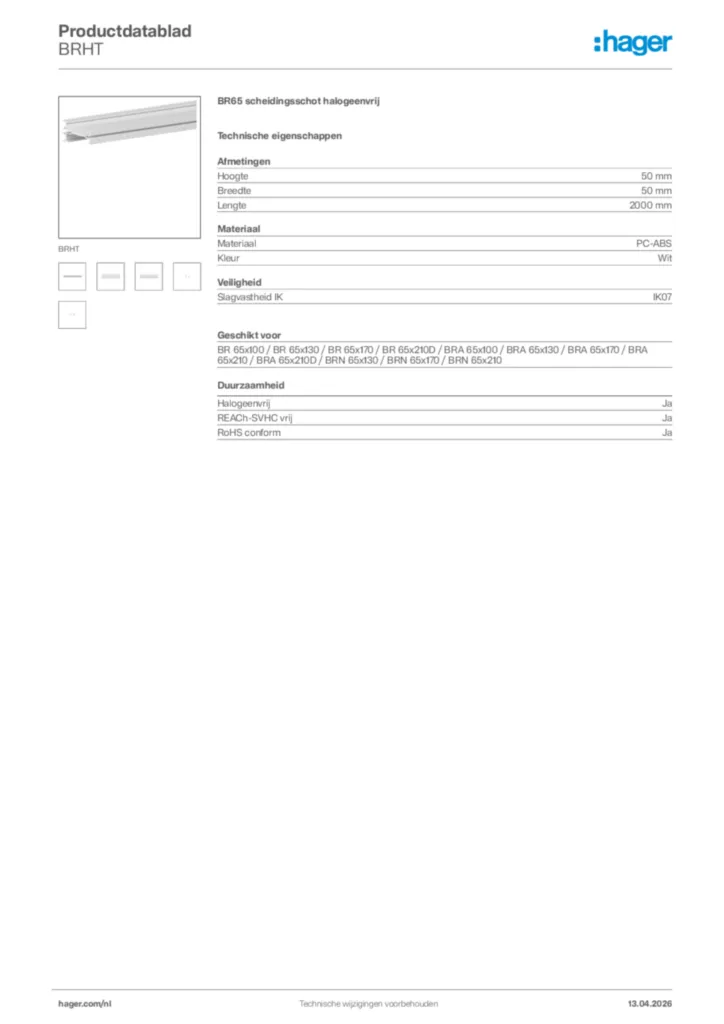 Afbeelding Hager Productdatablad BRHT | Hager Nederland