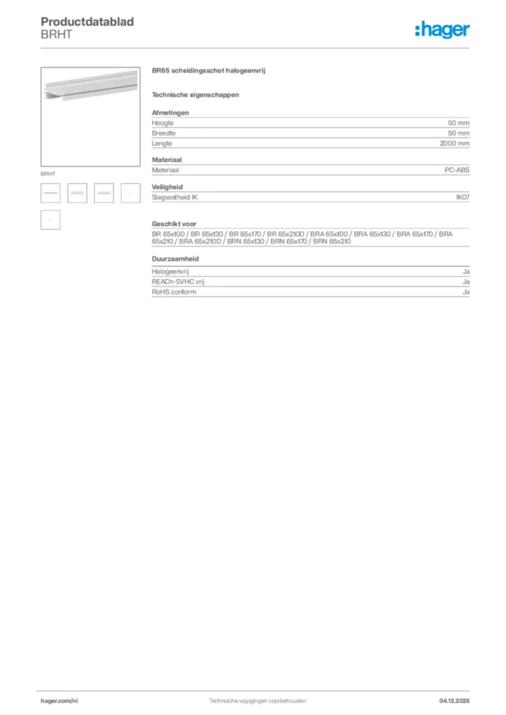 Afbeelding Hager Productdatablad BRHT | Hager Nederland