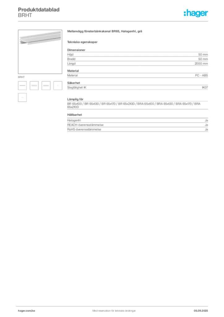 Bild Hager Produktdatablad BRHT | Hager Sverige