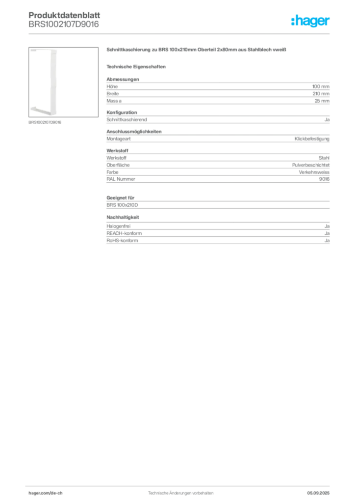 Bild Hager Produktdatenblatt BRS1002107D9016 | Hager Schweiz