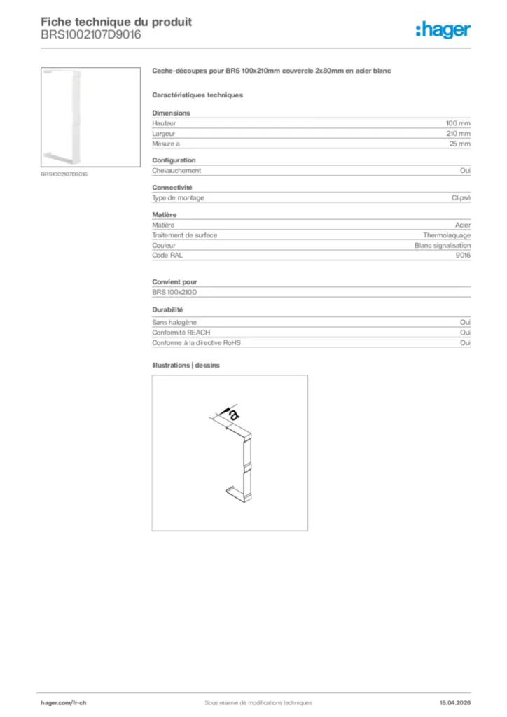 Image Hager Fiche technique du produit BRS1002107D9016 | Hager Suisse