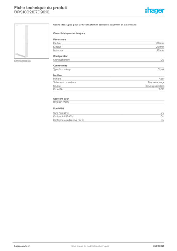 Image Hager Fiche technique du produit BRS1002107D9016 | Hager Suisse