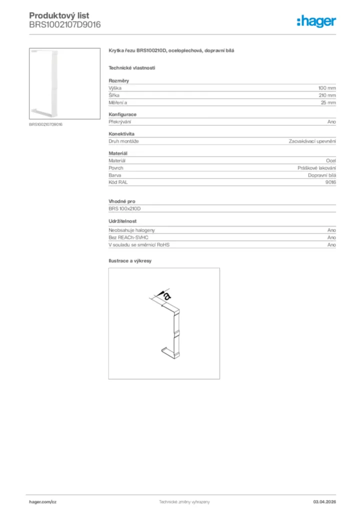 Obrázek Hager Product data sheet BRS1002107D9016 | Hager