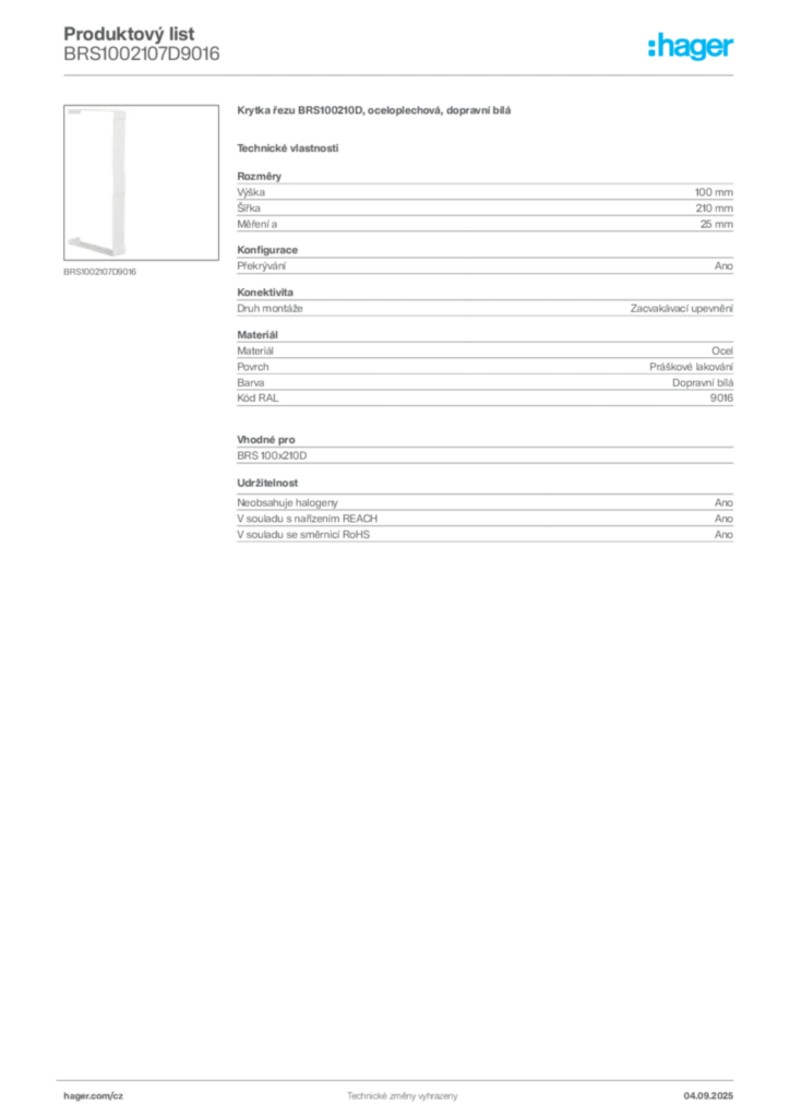 Obrázek Hager Produktový list BRS1002107D9016 | Hager