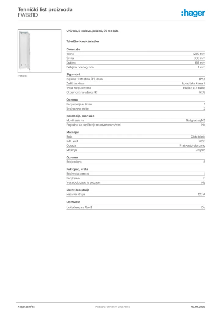 Slika Hager Tehnički list proizvoda FWB81D  | Hager