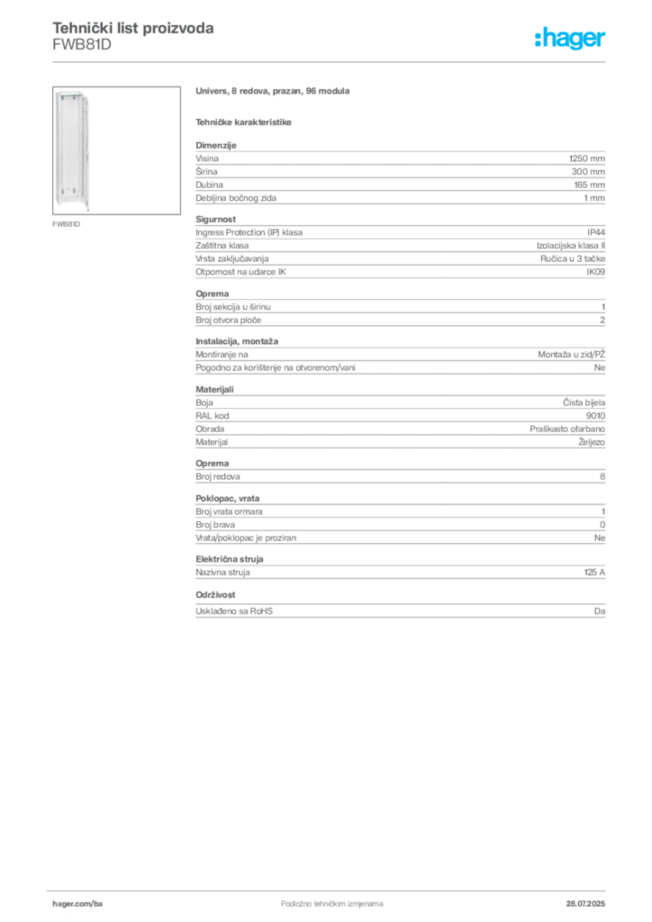 Slika Hager Product data sheet FWB81D  | Hager