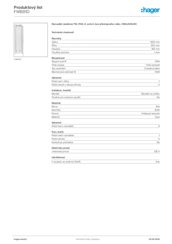 Obrázek Hager Product data sheet FWB81D | Hager