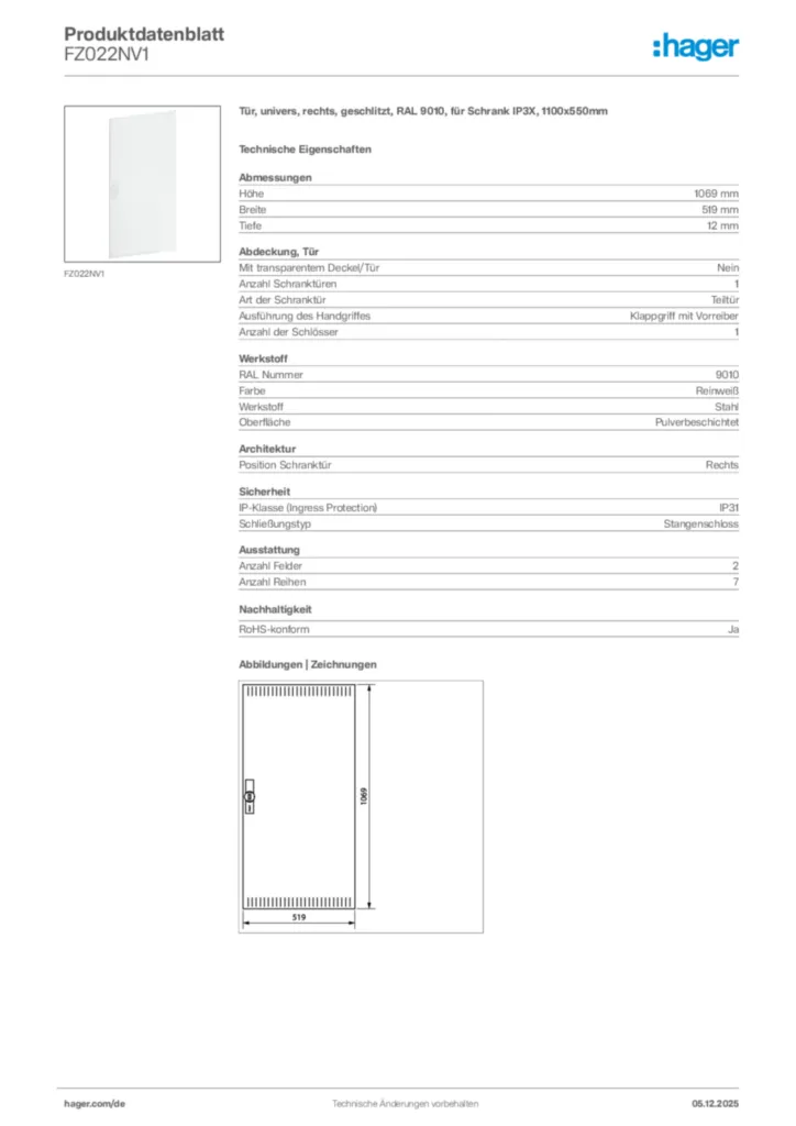 Bild Hager Produktdatenblatt FZ022NV1 | Hager Deutschland