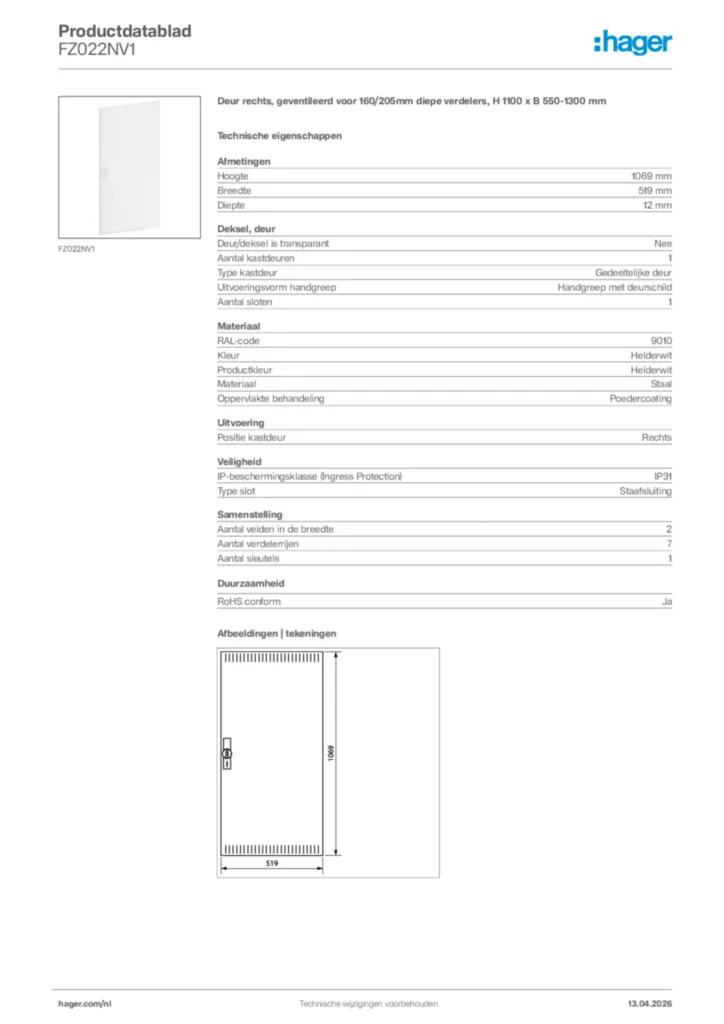 Afbeelding Hager Productdatablad FZ022NV1 | Hager Nederland