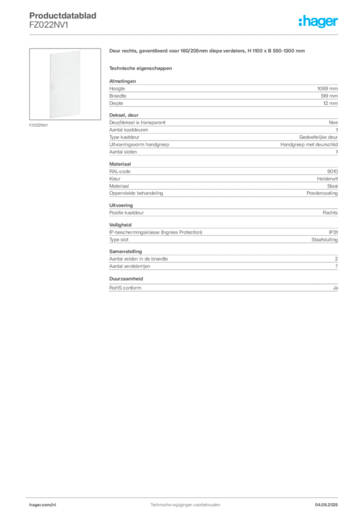 Afbeelding Hager Productdatablad FZ022NV1 | Hager Nederland