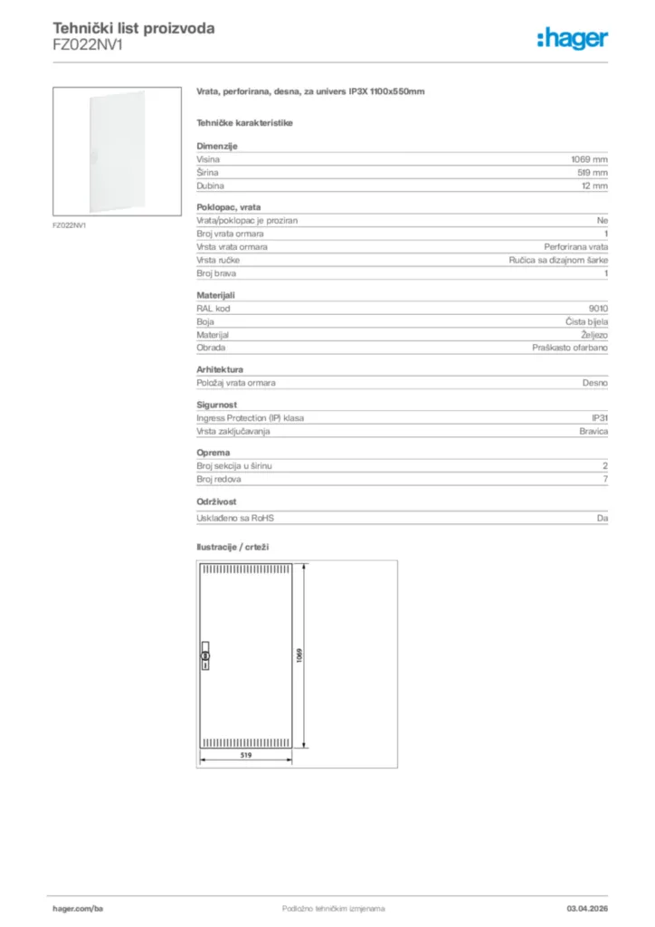 Slika Hager Tehnički list proizvoda FZ022NV1  | Hager