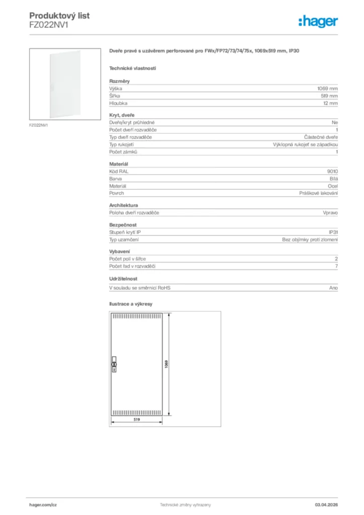 Obrázek Hager Product data sheet FZ022NV1 | Hager