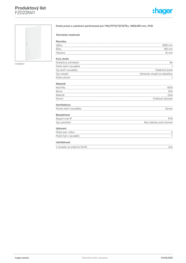 Obrázek Hager Produktový list FZ022NV1 | Hager