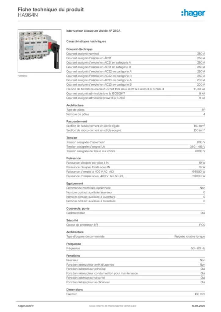 Image Hager Fiche technique du produit HA964N | Hager France
