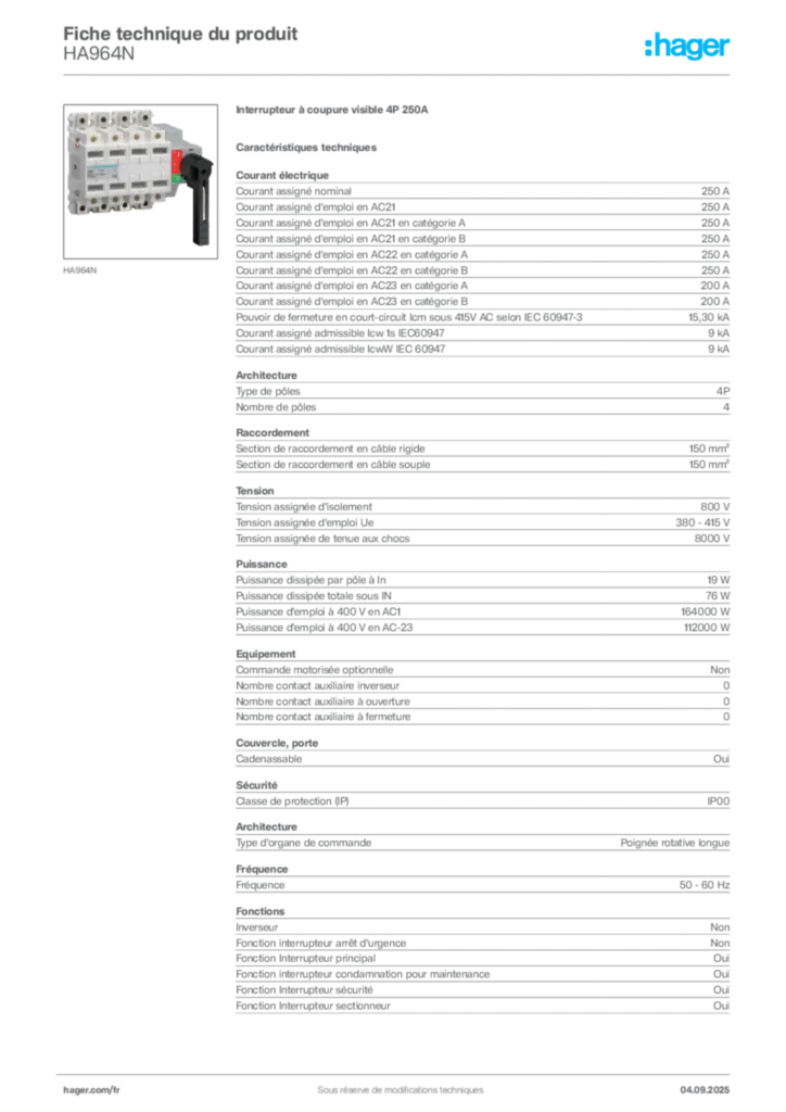 Image Hager Fiche technique du produit HA964N | Hager France