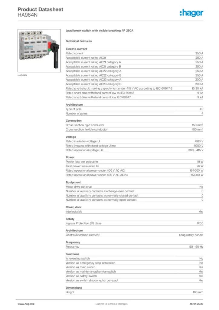 Image Hager Product data sheet HA964N  | Hager