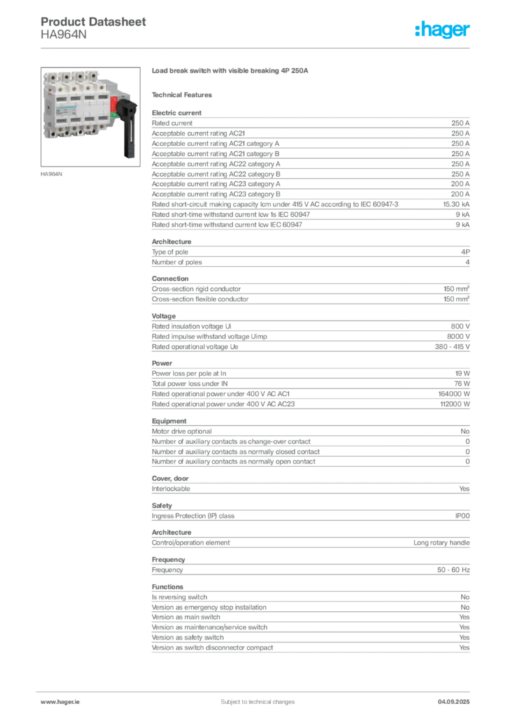 Image Hager Product data sheet HA964N  | Hager