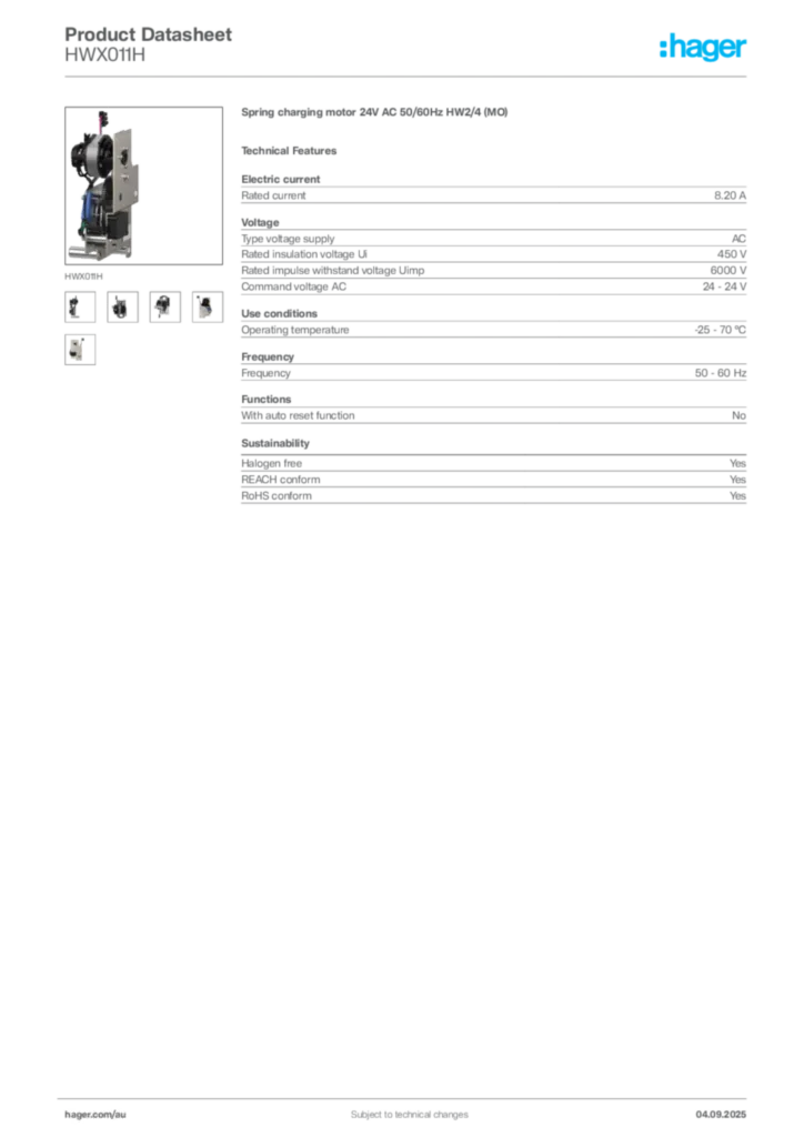 Image Hager Product data sheet HWX011H  | Hager Australia