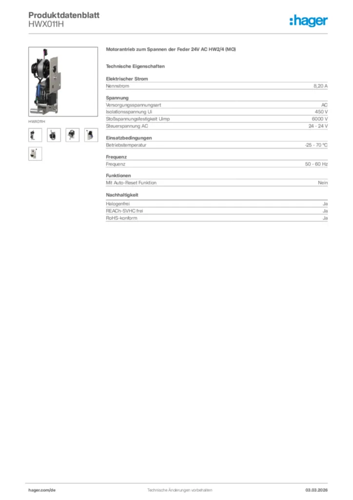 Bild Hager Produktdatenblatt HWX011H | Hager Deutschland