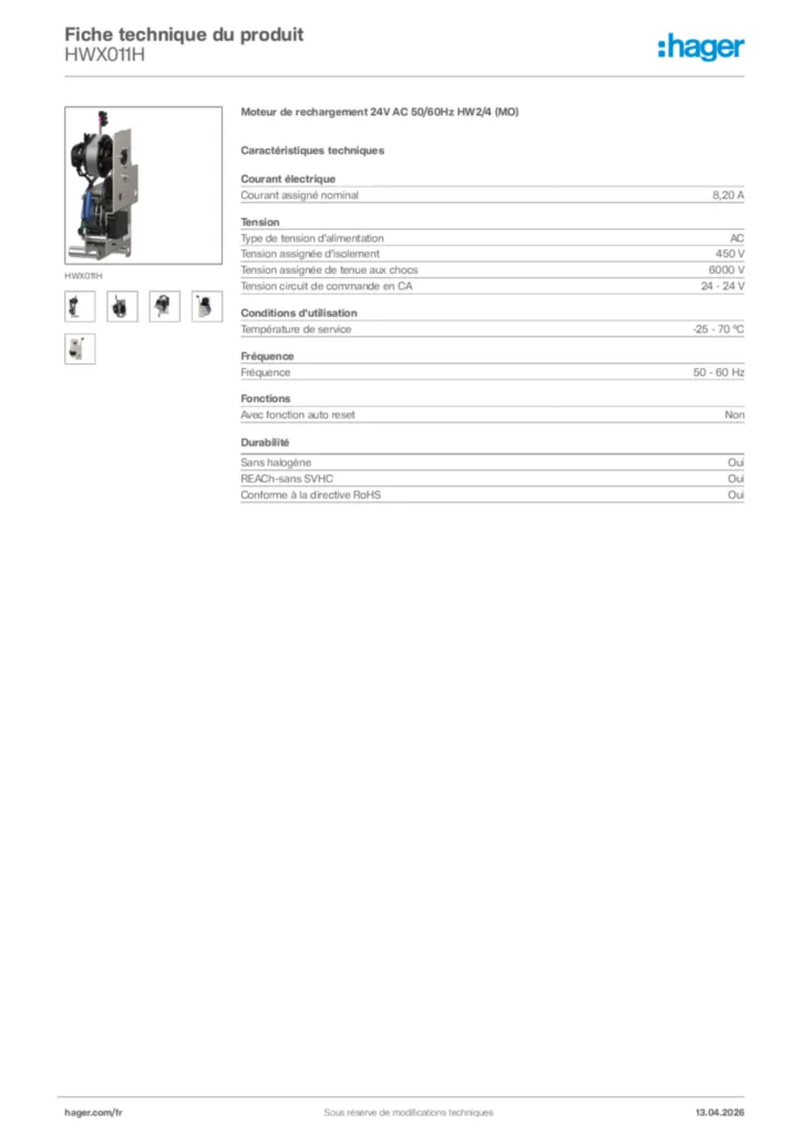 Image Hager Fiche technique du produit HWX011H | Hager France