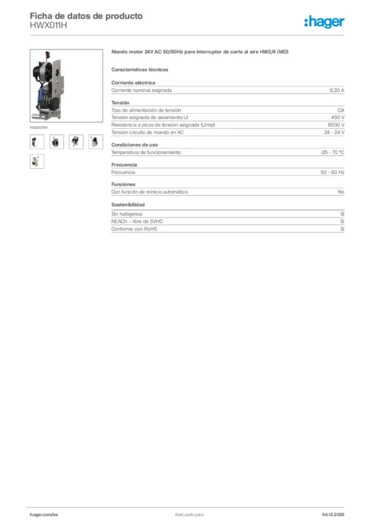 Imagen Hager Ficha de datos de producto HWX011H | Hager España