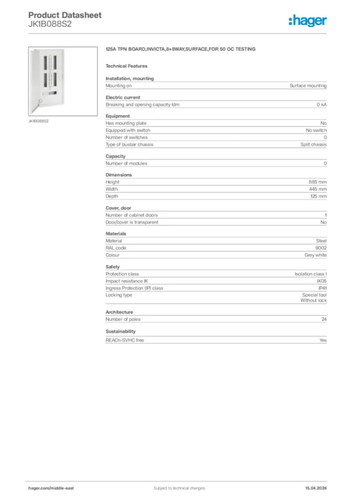 Image Hager Product data sheet JK1B088S2  | Hager