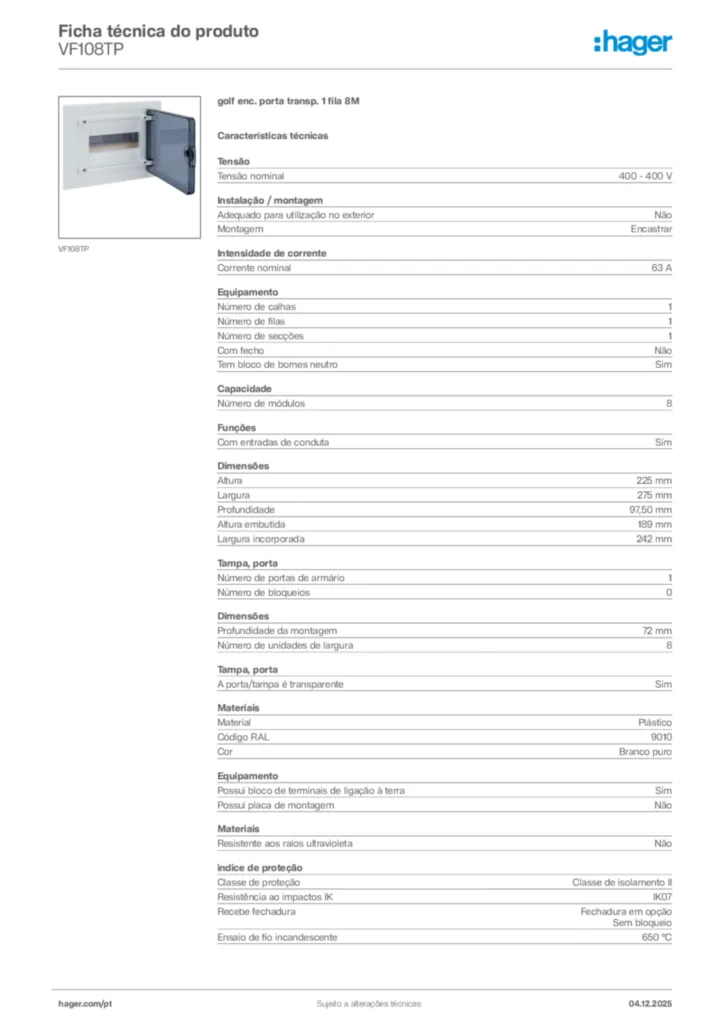 Imagem Hager Ficha técnica do produto VF108TP | Hager Portugal