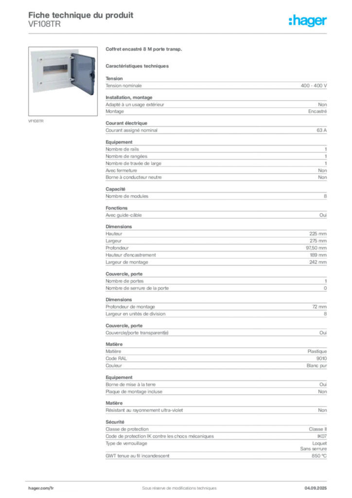 Image Hager Fiche technique du produit VF108TR | Hager France