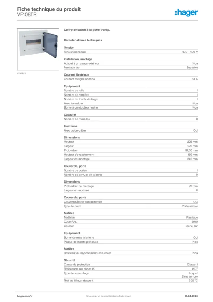 Image Hager Fiche technique du produit VF108TR | Hager France