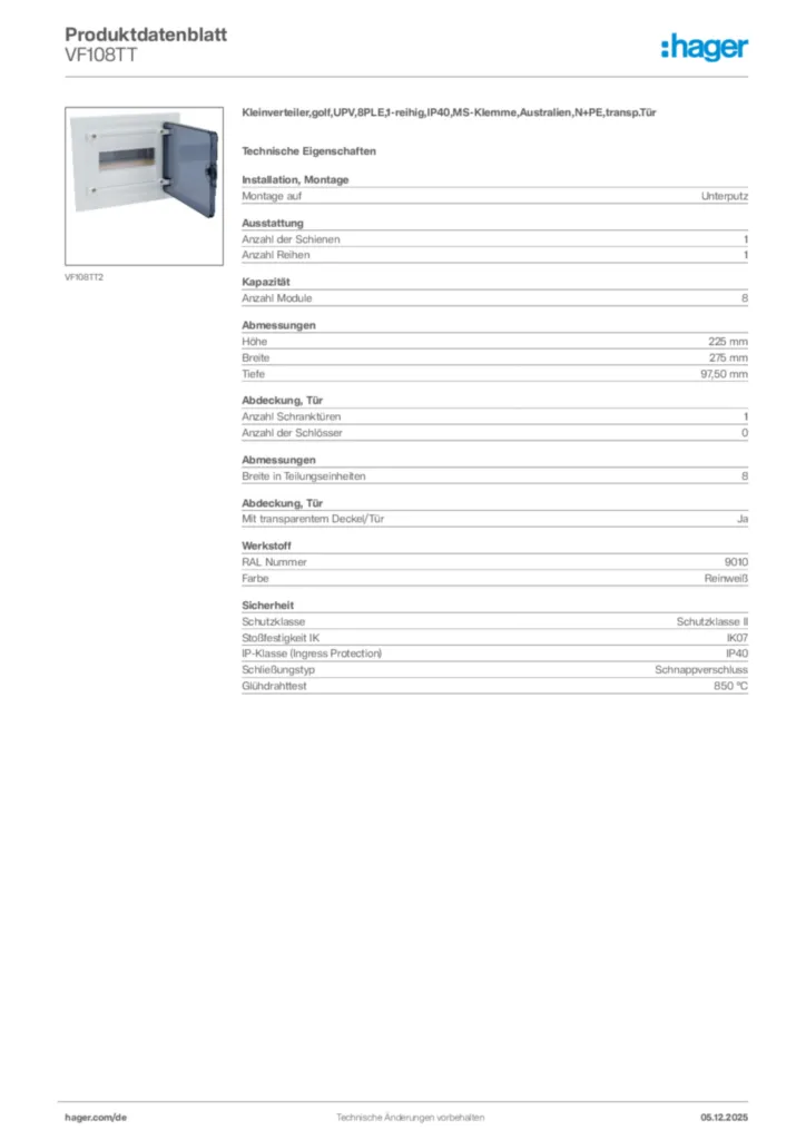 Bild Hager Produktdatenblatt VF108TT | Hager Deutschland