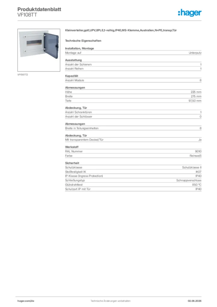 Bild Hager Produktdatenblatt VF108TT | Hager Deutschland