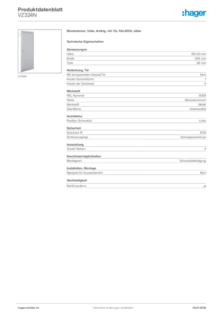 Bild Hager Produktdatenblatt VZ324N | Hager Schweiz