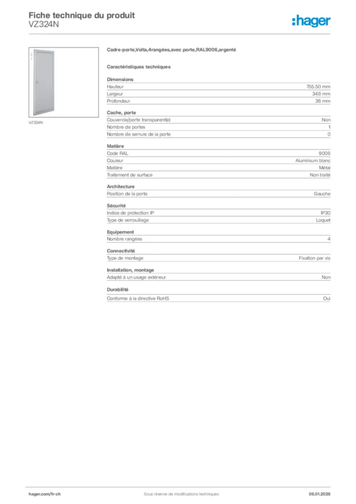 Image Hager Fiche technique du produit VZ324N | Hager Suisse