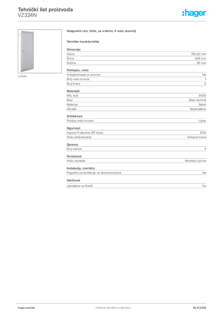 Slika Hager Product data sheet VZ324N  | Hager