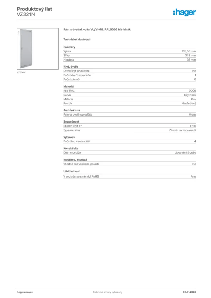 Obrázek Hager Product data sheet VZ324N | Hager