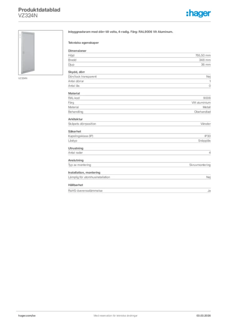 Bild Hager Produktdatablad VZ324N | Hager Sverige