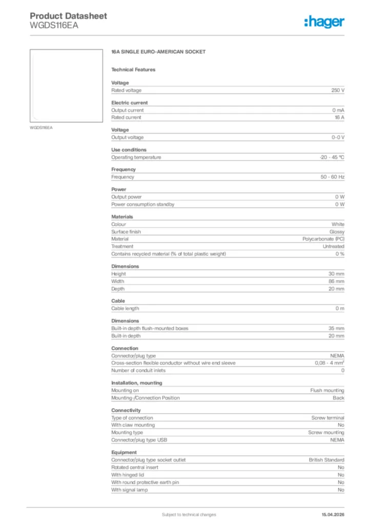 Image Hager Product data sheet WGDS116EA  | Hager