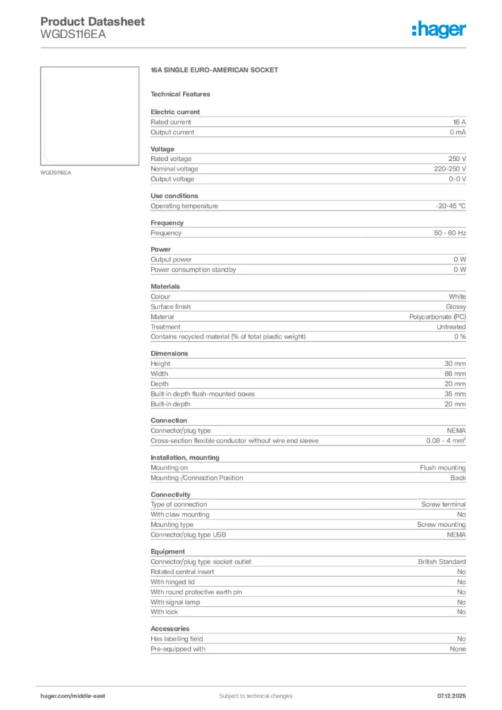 Image Hager Product data sheet WGDS116EA  | Hager
