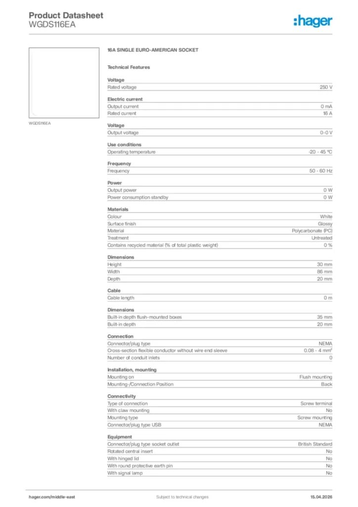 Image Hager Product data sheet WGDS116EA  | Hager