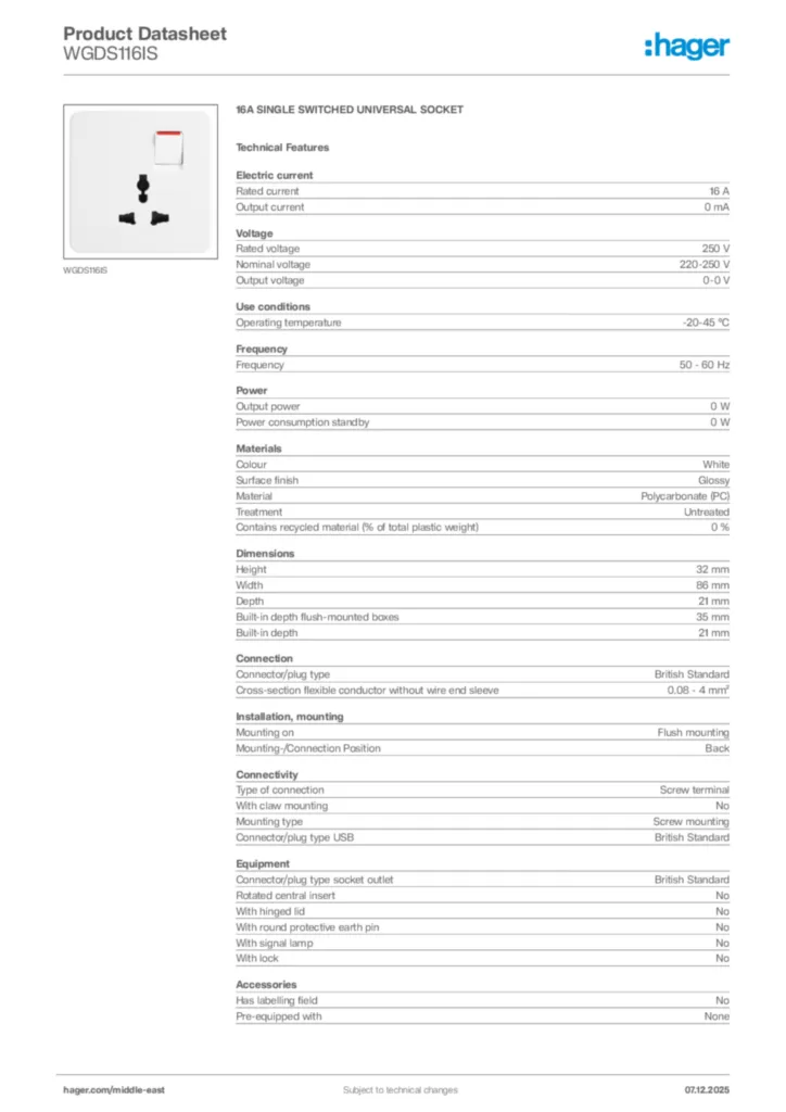 Image Hager Product data sheet WGDS116IS  | Hager