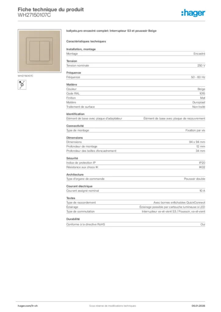 Image Hager Fiche technique du produit WH27150107C | Hager Suisse