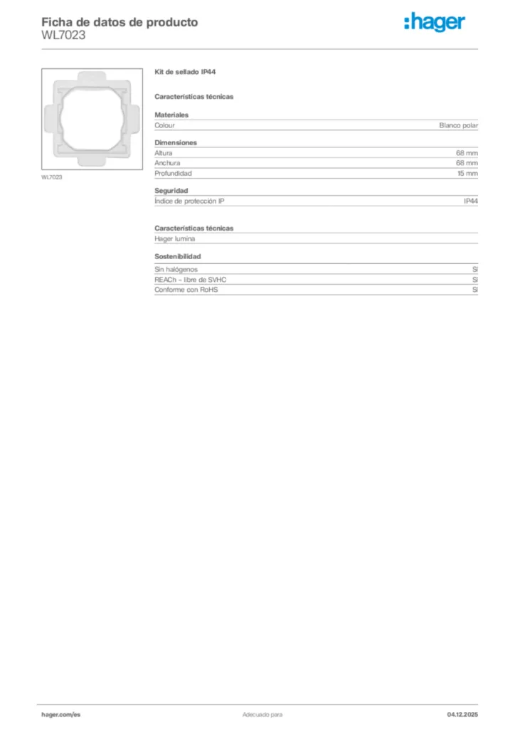 Imagen Hager Ficha de datos de producto WL7023 | Hager España