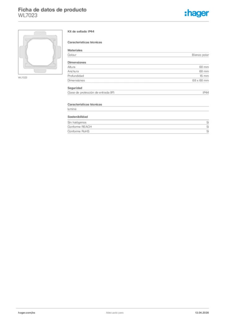 Imagen Hager Ficha de datos de producto WL7023 | Hager España