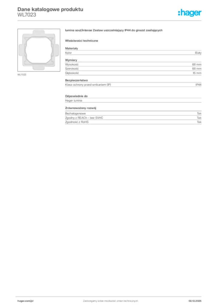 Zdjęcie Hager Dane katalogowe produktu WL7023 | Hager Polska
